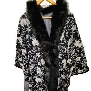 Faux Fur Trimmed Shawl/Cape Color Black Floral Design One Size